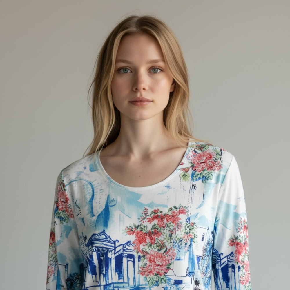 Chico's Long Sleeve Top White Blue European City Print Size 1